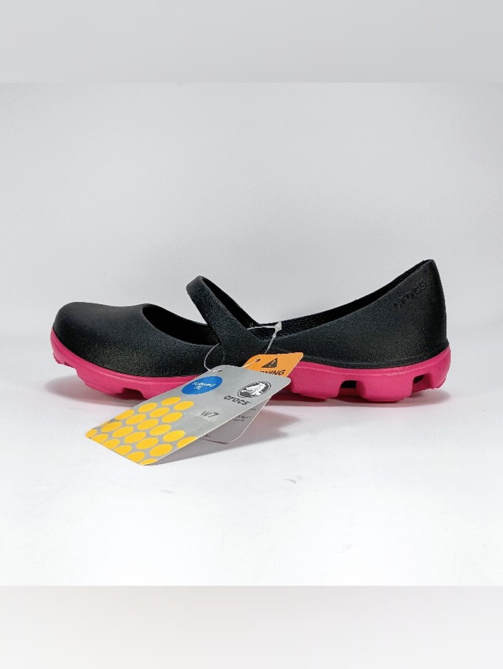 Crocs Duet Sport Mary Jane Womens 7 Black And Pink Slip On Shoes NEW With Tags